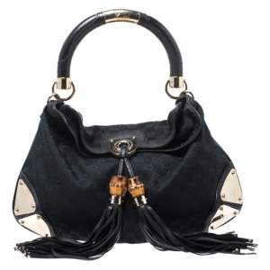 Pre Owned Gucci Black GG Canvas and Leather Medium Babouska Indy Hobo