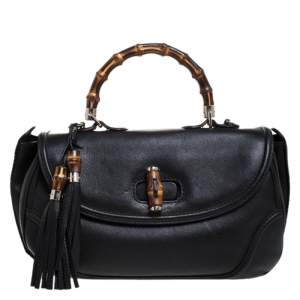 Gucci Black Leather Large New Bamboo Tassel Top Handle Bag 