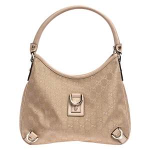 Pre Owned Gucci Beige/Metallic GG Canvas and Leather Small Abbey D Ring Hobo 