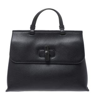 Pre Owned Gucci Black Leather Medium Bamboo Daily Top Handle Bag
