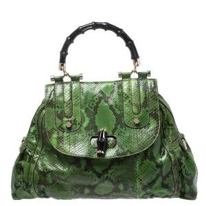 Pre Owned Gucci Green Python Dialux Pop Bamboo Top Handle Bag