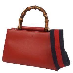 Pre Owned Gucci Red Leather Mini Nymphaea Bamboo Satchel Bag