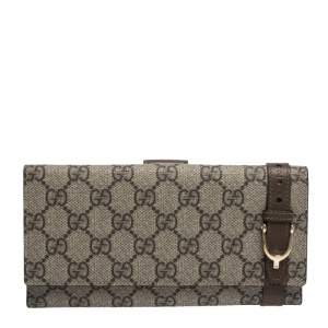 Gucci Beige/Brown GG Supreme Canvas Stirrup Flap Wallet