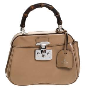 Pre Owned Gucci Beige Leather Lady Lock Bamboo Top Handle Bag