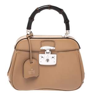 Pre Owned Gucci Beige Leather Lady Lock Bamboo Top Handle Bag