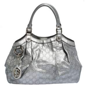 Pre Owned Gucci Metallic Silver Guccissima Leather Medium Sukey Tote
