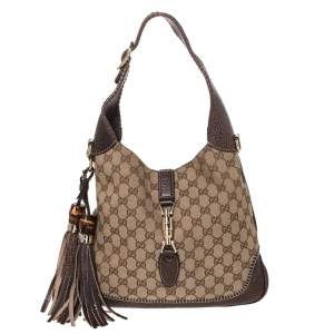 Pre Owned Gucci Brown/Beige Canvas and Leather New Jackie Hobo