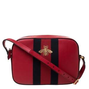 Pre Owned Gucci Red Leather Webby Bee Crossbody Bag