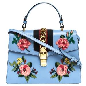 Pre Owned Gucci Blue Floral Embroidered Leather Medium Sylvie Top Handle Bag