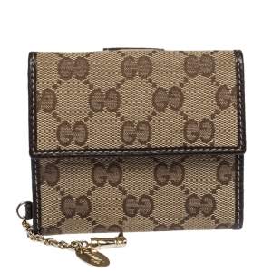 Gucci Brown/Beige GG Canvas and Leather Flap Compact Wallet with Charm