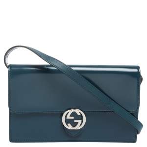 Gucci Dark Teal Leather Interlocking G Flap Clutch Bag