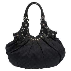 Pre Owned Gucci Black GG Canvas and Leather Pelham Studded Hobo