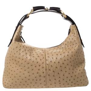 مملوكة مسبقًا Gucci Beige/Dark Brown Ostrich Horsebit Hobo