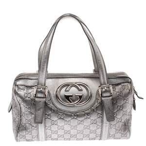 مملوكة مسبقًا Gucci Metallic Silver Guccissima Leather Britt Boston Bag