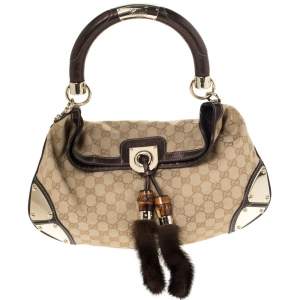 مملوكة مسبقًا Gucci Beige/Metallic Brown GG Canvas and Leather Mink Indy Hobo