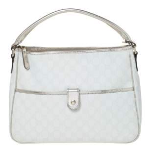Pre Owned Gucci White/Gold GG Supreme Canvas and Patent Leather Plus Joy Hobo