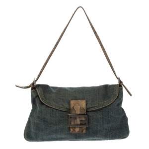 Pre Owned Fendi Blue Denim and Python Mama Baguette Bag       