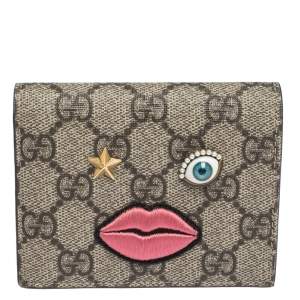 Gucci Beige GG Supreme Canvas Embroidered Face Bifold Card Holder