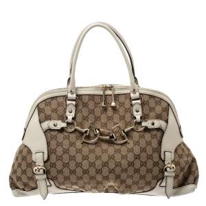 Pre Owned Gucci Beige/White GG Canvas and Leather Medium Horsebit Nail Dome Satchel