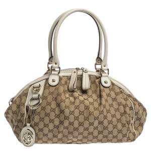 مملوكة مسبقًا Gucci Beige/Cream GG Canvas and Leather Medium Sukey Hobo