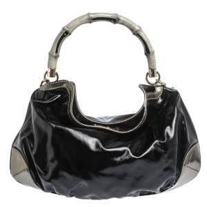 Pre Owned Gucci Black/Metallic Coated Fabric and Patent Leather Medium Babouska Indy Hobo