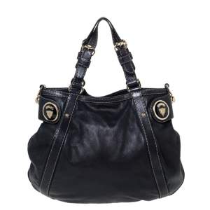 Pre Owned  Gucci Dark Blue Leather Crest Embellished Shoulder Bag