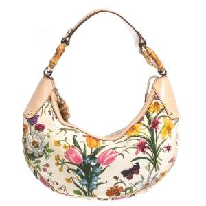 Pre Owned Gucci Multicolor Botanical Floral Canvas and Leather Bamboo Ring Hobo
