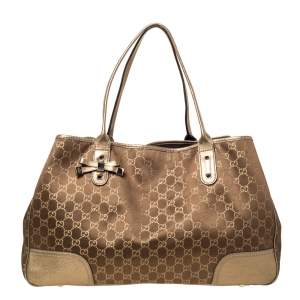 Pre Owned Gucci Brown/Gold GG Fabric and Leather Large Princy Tote