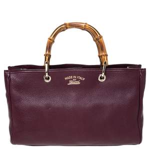 Pre Owned Gucci Burgundy Leather Medium Bamboo Tote