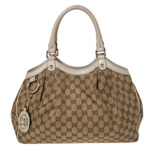 Pre Owned Gucci Beige/Brown GG Canvas and Leather Medium Sukey Tote