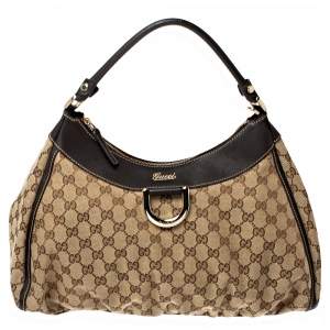Pre Owned Gucci Beige/Brown GG Canvas and Leather D Ring Hobo