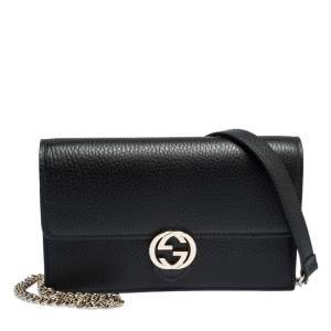Gucci Black Leather Interlocking GG Wallet On Chain