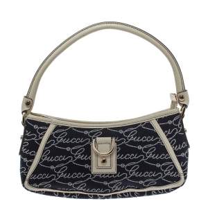 مملوكة مسبقًا Gucci Navy Blue Signature Canvas and Leather Abbey D-Ring Baguette Bag