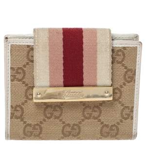 Gucci Beige GG Canvas and Leather Web French Wallet