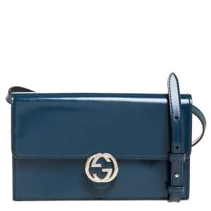 Pre Owned حقيبة كلاتش غوتشى قلاب جى أنترلوكينج جلد زرقاء مخضره داكنه