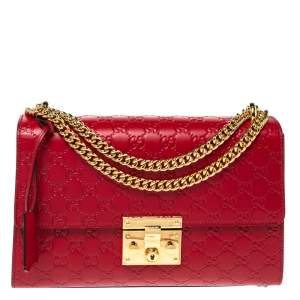 Pre Owned Gucci Red Guccissima Leather Medium Padlock Shoulder Bag