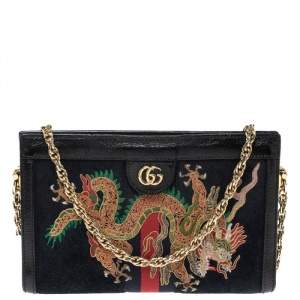 Pre Owned Gucci Black Suede and Leather Ophidia Dragon Bag