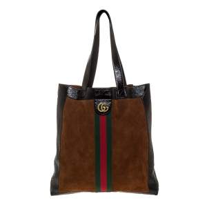 Pre Owned Gucci Brown/Black Suede and Leather Large Ophidia Tote