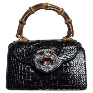 Pre Owned Gucci Black Shine Alligator Mini Thiara Bamboo Top Handle Bag