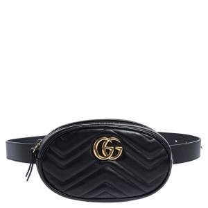 Pre Owned Gucci Black Matelasse Leather GG Marmont Belt Bag