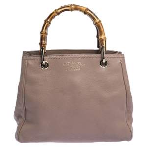 Pre Owned Gucci Nude Beige Leather Bamboo Handle Tote