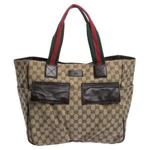Pre Owned Gucci Beige GG Canvas Double Pocket Web Handle Tote