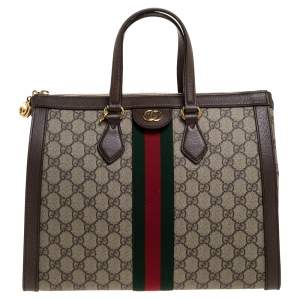 Pre Owned Gucci Brown/Beige GG Supreme Canvas and Leather Medium Ophidia Tote