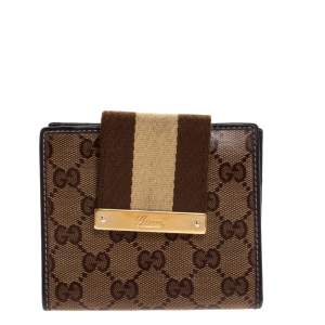 Gucci Beige/Brown GG Crystal Canvas Web Flap French Wallet
