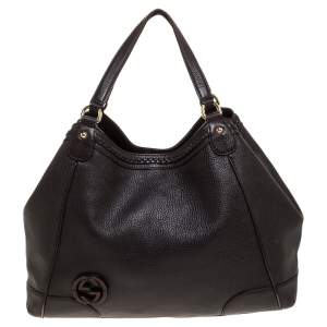 Pre Owned Gucci Dark Brown Leather Braided Tote