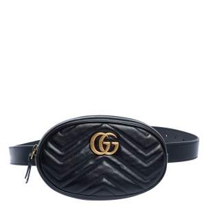 Pre Owned Gucci Black Matelasse Leather GG Marmont Belt Bag