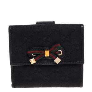 Gucci Black GG Canvas and Leather Mayfair Bow Compact Wallet 