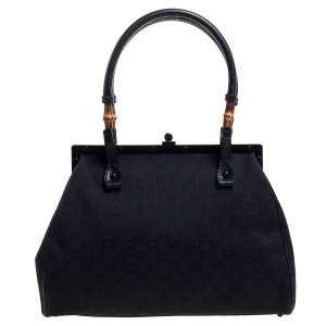 Pre Owned Gucci Black GG Canvas Bamboo Frame Satchel