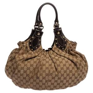 Pre Owned Gucci Beige/Brown GG Canvas and Leather Pelham Studded Hobo