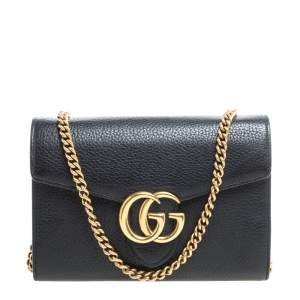 Pre Owned Gucci Black Leather GG Marmont Wallet on Chain